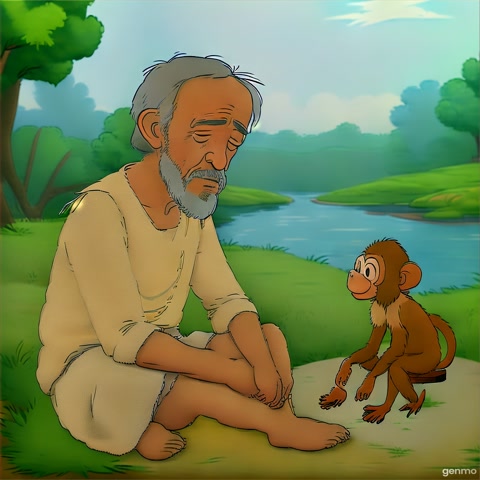 The monkey is sitting on the old man's lap while he feeds it. The wind is blowing. Lightning strikes the sky. Cartoon animation. Emotional moment.