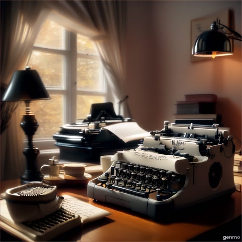 A close-up shot of a writer typing on an old typewriter in a cozy study. The camera focuses on the keys striking the paper.