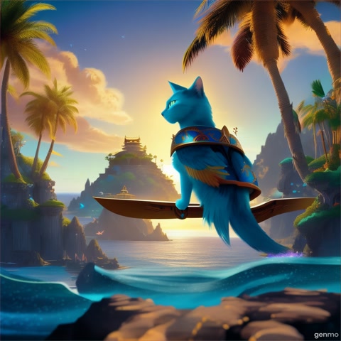 A cartoon warrior cat riding a giant bird above a deep blue ocean, heading toward a mysterious island with palm trees and glowing caves. The music is magical and adventurous.