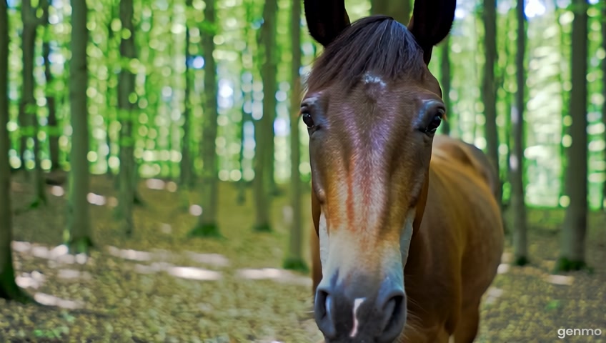 a horse in a forest alone and see the bou was carrying