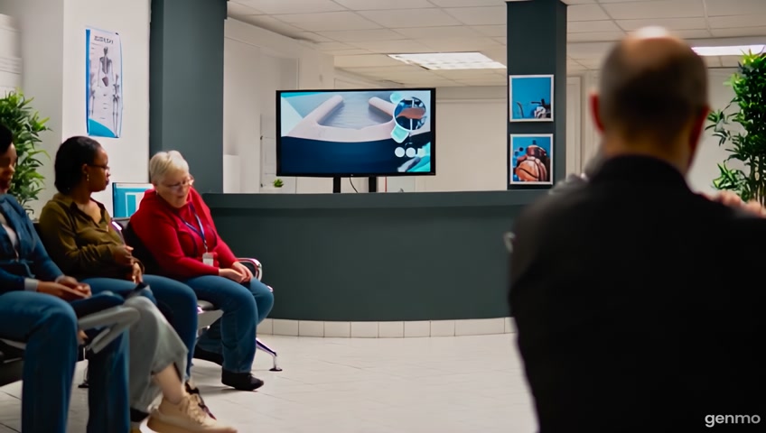 Sala de espera de uma clínica de saúde com pessoas de várias raças e na TV passa comercial de um plano de saúde