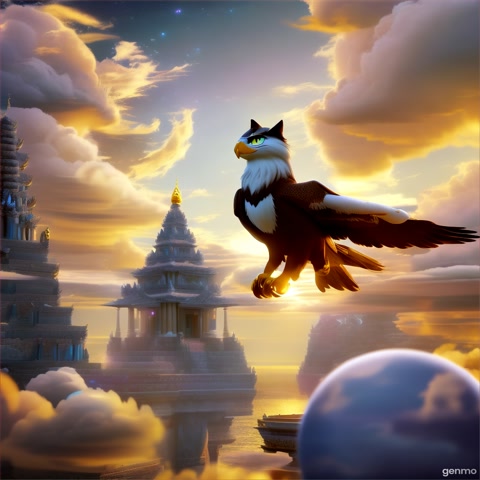 A cartoon cat with shining eyes flies on a massive eagle through floating sky temples, with clouds, glowing orbs, and epic background music. The vibe is fantasy and royal