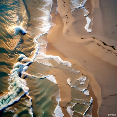 An aerial shot of a coastline where waves create patterns on the sandy beach. The camera moves along the shore, highlighting natural art.