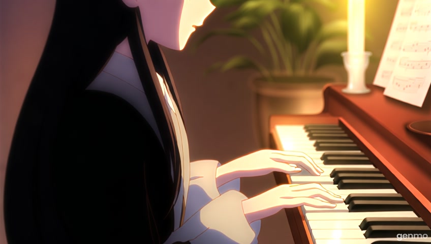 In Japanese anime style. The scene focuses on a young woman with long black hair playing the piano in a cozy room. She is deeply immersed in her music, her fingers gently gliding over the keys. The room is softly illuminated by candlelight, casting a warm glow that enhances the serene ambiance. Open music sheets rest on the piano, and a potted plant adds a touch of greenery to the elegant setting. Her attire and focused expression suggest a deep emotional connection to the music, while the setting creates an intimate and peaceful atmosphere
