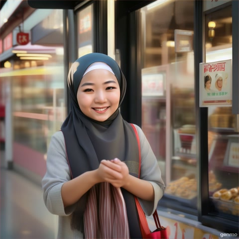 Beautiful asian girls in hijab, open a shop roller shutter with a beautiful smile. Modern shop backgroud. Beautiful smile with a cinematic romantic moviees