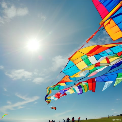 A wide-angle shot of children flying kites on a hilltop, kites soaring high. The camera pans across the sky filled with colors.