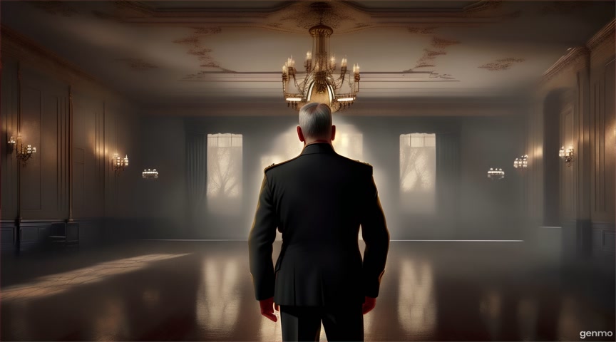 A cinematic oil painting in realistic vintage noir style, showing a retired general in a forgotten ballroom. The scene is dimly lit and moody, with candlelight as the only animated element. The lighting is warm and soft, textures are rich, and the moment feels frozen in emotional suspense.