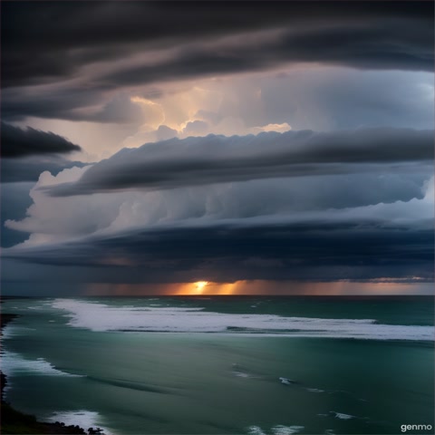 A time-lapse of a storm approaching over the ocean, dark clouds gathering. The camera captures the changing weather and tension.