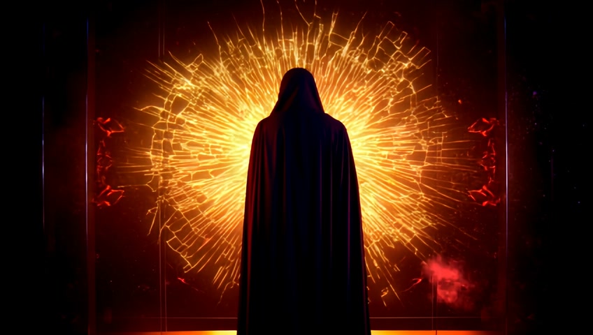 static cinematic loop, camera completely still with no zoom or motion, The Magician from the 22 arcana seen from behind, fully cloaked in a long dark robe that hides all body shape, standing motionless in front of a cracked glass wall, behind the glass golden and red energy pulses like restrained fire, glowing fractures appear and disappear without shattering, deep contrast, ambient smoke and particles slowly drift, no visible skin or facial features, hypnotic atmosphere, no text or logos