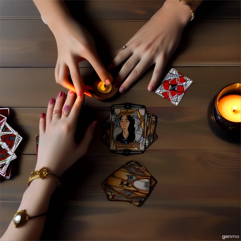 Top view of the table, the tarot cards are lying face down on the table, a candle is burning, and a woman's hand is taking a card from the deck of cards and placing it on the table