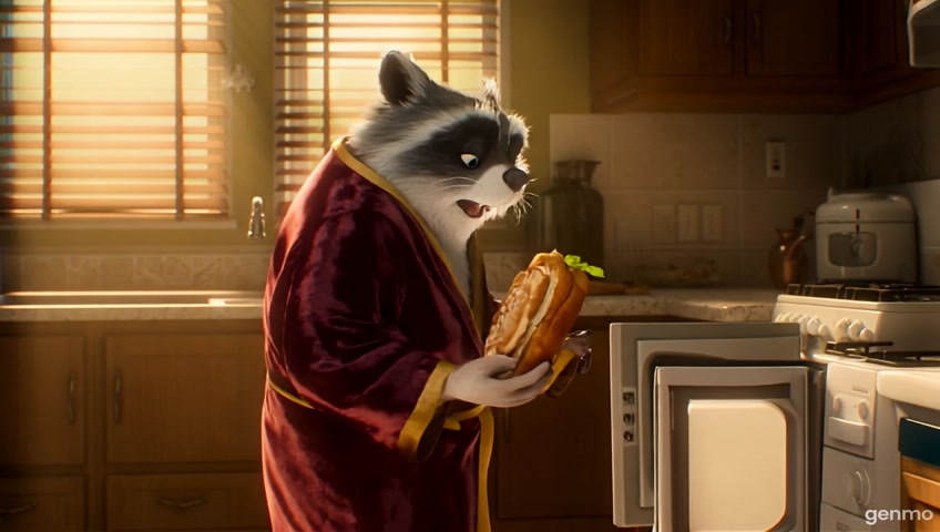 Photorealistic anthropomorphic raccoon named Zhora with gray fur, wearing a burgundy and gold silk robe tied at the waist, and beige fuzzy slippers. He stands confidently in a warm, cozy modern kitchen with golden sunlight and soft shadows. The camera captures him from the side, waist up. Zhora holds a large sandwich with salad, meat, and tomatoes in his left paw. He is facing to the right, smirking, mid-step as he approaches the microwave on the counter. The microwave is ahead of him, slightly open, showing its metallic interior. His right paw is just reaching toward the handle. His body is in a natural walking pose, confident and smooth. The sandwich is held steadily and visibly in his left hand. Kitchen counter and floor visible. All elements appear realistic and cinematic. Depth of field slightly blurred in background. Zhora’s expression is charismatic and bold, like a content creator about to show off a trick.