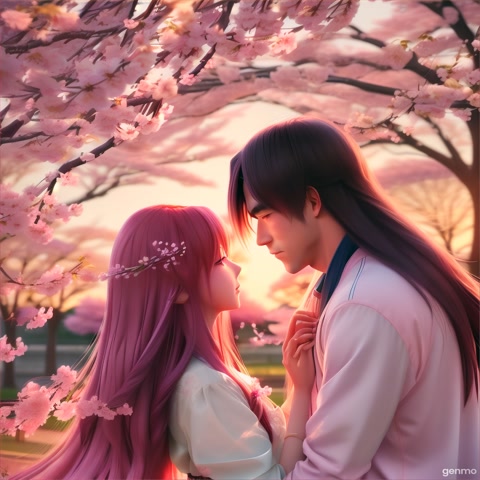 A beautiful anime girl with long flowing hair hugging a shy anime boy from behind, both standing under cherry blossom trees, soft pink petals falling around them, romantic atmosphere, warm sunset light, detailed anime style, smooth cinematic camera movement