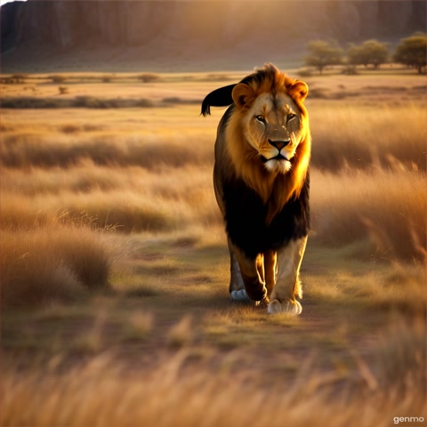 The camera follows a powerful lion as it strides confidently through golden grass, its mane blowing gently in the breeze. The sunset behind casts a warm, glowing light, highlighting the lion's features and creating a sense of quiet strength and beauty in the wild.