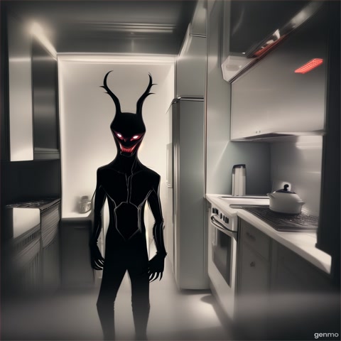In front of the refrigerator stands a superb and thin creature. It has a black body. Eyes (instead of the usual white color - black. The color of the eyes is white and the pupil is black). Instead, wear 2 small holes. The face is white. It smiles evilly with sharp teeth. The eyes widen and the mouth too