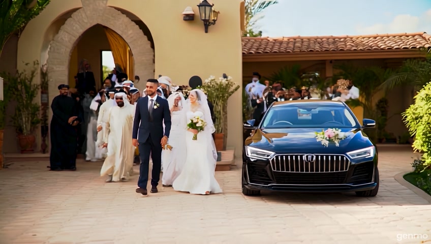 Scène cinématique en extérieur, devant une villa élégante en plein jour.
Les mariés marchent lentement vers une Audi full black garée devant la maison.
Ils sont suivis par leur famille élargie en tenues traditionnelles maghrébines (takchitas pour les femmes, et costumes de différentes couleur pour les hommes).
Un groupe de 4 à 6 personnes joue de la derbouka en rythme, également en tenues traditionnelles coordonnées, créant une ambiance festive et joyeuse.
La caméra filme de face ou en travelling latéral, en capturant le cortège qui se dirige vers la voiture.
Les visages peuvent être floutés légèrement pour anonymat si nécessaire.
L’Audi doit être moderne, classe, décorée sobrement (fleurs ou ruban discrets).
L’ambiance doit refléter la tradition, la fierté familiale et l’élégance culturelle