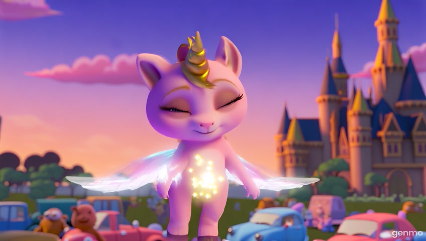 “A dreamy, ultra-realistic 3D animated scene featuring a cute magical cat-unicorn fairy named Lulu, with pastel pink fur, a golden horn, and glowing butterfly wings, flying joyfully in front of a grand Disney-like castle at twilight. Lulu has big sparkling blue anime eyes, rosy cheeks, and a glowing belly with tiny falling stars that illuminate the surroundings. She is dancing in the sky, sprinkling glowing star dust over the castle garden filled with plush toys and pastel colored cars below. The atmosphere is warm, dreamy, and full of magic, designed to attract children’s attention, with cinematic lighting, realistic soft textures, and a whimsical fantasy vibe suitable for short video storytelling.”
