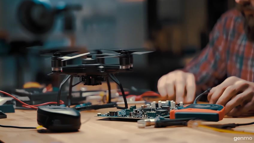 Un ingeniero electrónico usando una placa le llega un dron que le da un tester en los recoge lo dejé en la mesa de trabajo y el dron se va
