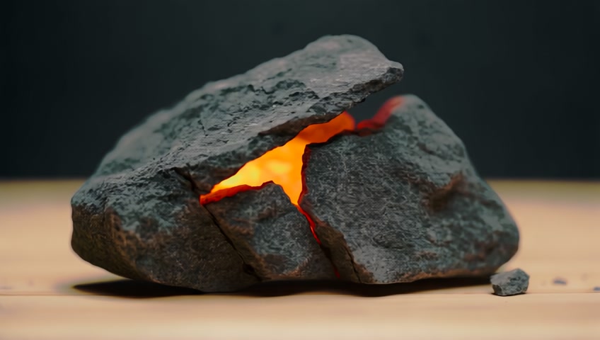 A surreal, hyperrealistic video of a black, rough, chalky rock sitting on a wooden surface. The rock is cracking, glowing faintly with molten lava inside, as if barely containing heat. In slow motion, the rock breaks, the chalky surface crumbles and the glowing molten lava and glowing crystal fragments from within the rock spill out onto the surface, dripping and oozing in a thick, shimmering flow. The motion is smooth and cinematic. The background is minimal and dark to highlight the textures. The lava glows with orange, red, and gold sparkles. The aesthetic is dreamy, tactile, and deeply satisfying — combining ASMR-inspired motion with elemental beauty.