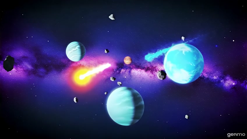 lying slowly through deep space past glowing planets, shimmering moons, rainbow-hued comets, and floating cosmic dust, cinematic space travel perspective, magical and peaceful, vivid colors with soft focus, dreamlike sci-fi world, Comet streak with glowing tail, Floating asteroid fields bathed in starlight. 16:9