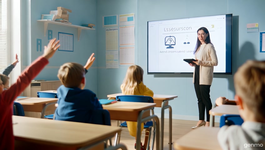 A bright, modern primary school classroom. A smiling female teacher stands in front of a smartboard, holding a tablet, teaching a lesson titled “Lesson 1 – Information and Decisions”. Curious third-grade students sit at desks, listening attentively. One boy raises his hand excitedly to answer. On the screen behind her are simple icons: a computer, a question mark, and a decision-making symbol (like a balance scale or split arrows). The atmosphere is lively and educational