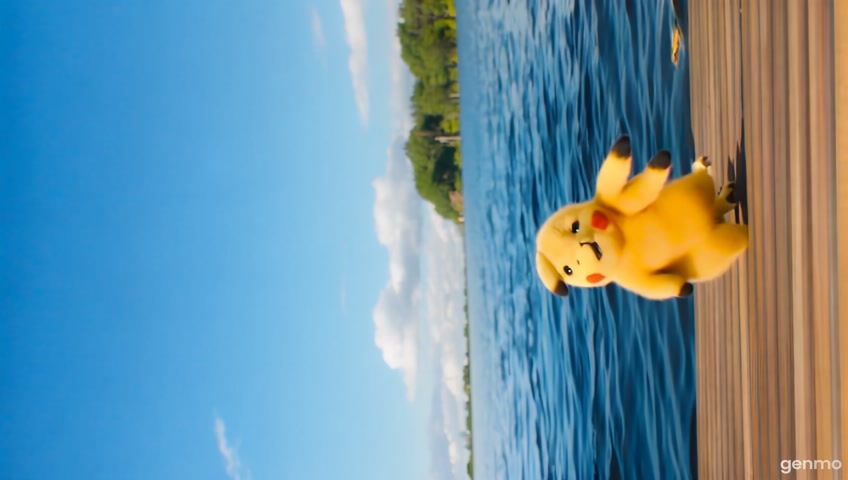 Pikachu standing on a dock beside a lake, playfully using a long thunderbolt to zap the lake water, with a red lobster flipping out the water, then pikachu catch it and and landing into a wooden bucket, clear blue sky, sparkling water, comedic energy, anime style, 9:16 vertical