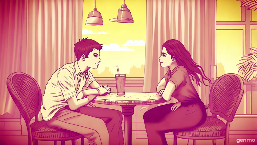 "Hand-drawn sketch-style animation of a cozy vintage café at golden hour, two shy teenagers sitting apart at a small marble-top table, both stealing glances at each other. Warm lighting, soft pastel tones, slight breeze moving café curtains. The boy tries to speak but hesitates, the girl smiles subtly and blushes. Background details: wicker chairs, hanging lights, indoor plants, cloudy window. Atmosphere is soft, romantic, nostalgic, gentle movement, cinematic framing."