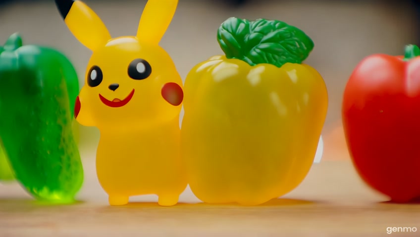 "Ultra-realistic cinematic video of hollow transparent glass objects shaped like yellow Pikachu and assorted vegetables (cucumber, tomato, bell pepper) being gently divided into pieces on a wooden board. The objects appear as delicate glass sculptures with no inner content. Include peaceful ambient lighting, macro camera angle, and gentle glass clinking sound effects to create a satisfying ASMR vibe."