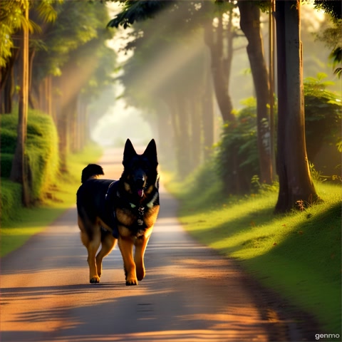 A german shaperd Walking through a kerala village road