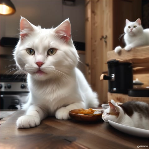 white cat eats fish