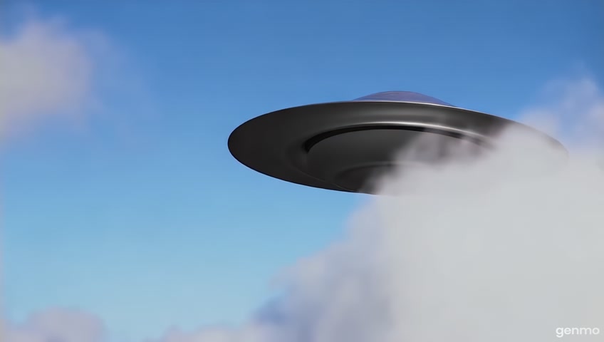 classic footage of a grey metallic flying saucer hovering in the sky