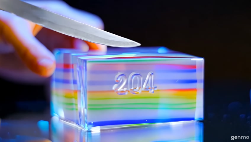 A slow-motion hyperrealistic animation of a translucent glass cube with multicolored striped layers, glowing softly under cinematic lighting. The number "2048" is embedded in the glass. A realistic human hand slowly slices the cube with a sharp stainless steel knife. The glass cube cracks and refracts light as it's being sliced, emitting crisp glassy ASMR sounds. The environment is dark and moody, with soft reflections and shadows. Emphasize glass texture, light refraction, and slow smooth slicing motion, not soft like cake, but hard, sharp like cutting crystal or ice.