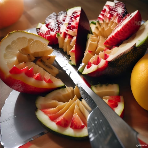 From both cuts. Asmr slicing sounds only - no talking ,no music . Only the hands , knife , and fruit are visible . Ultra - sharp macro lens , shallow depth of feild, cinematic lighting, 1280 x 720 resolution, 30 FPS