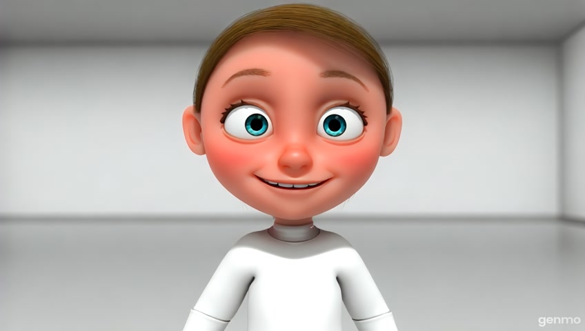 i want to see a illustration of a animated 3d girl wearing clean white clothes