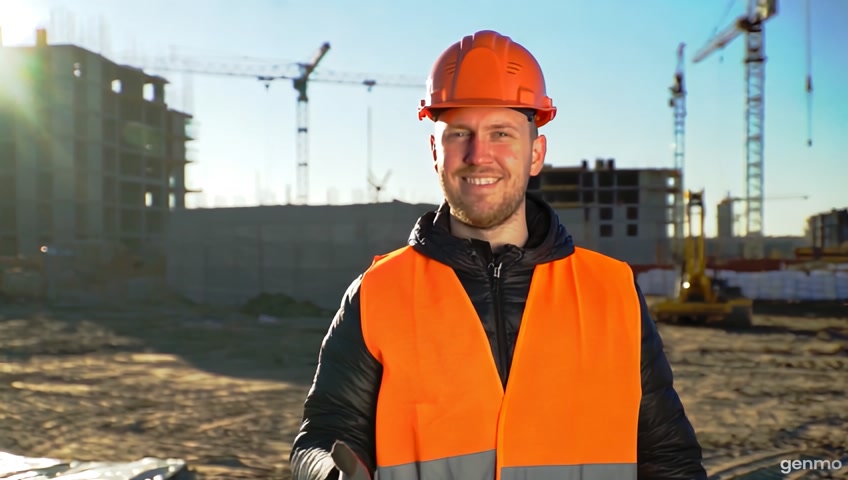 Construction site, a worker in special clothes, inviting people to work, with a construction site and working equipment in the background