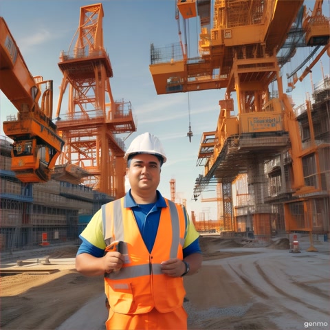 Construction site, a worker in special clothes, inviting people to work, with a construction site and working equipment in the background