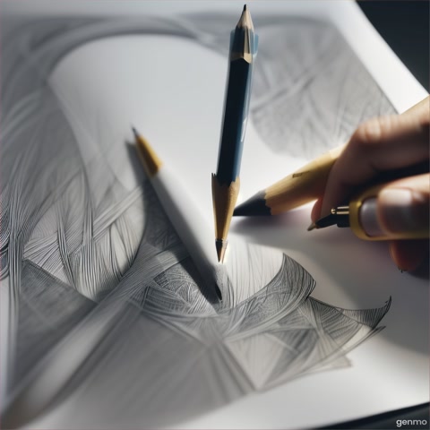 A close-up shot of a pencil sketch developing on paper, artist's hand moving swiftly. The camera focuses on the creation process.