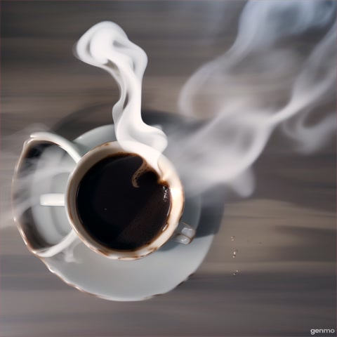 The camera focuses on a ceramic mug as hot, dark coffee is poured into it. Steam rises in soft, curling wisps, and the surface of the coffee ripples gently as the stream continues. The rich, dark color contrasts with the soft, white steam above it.