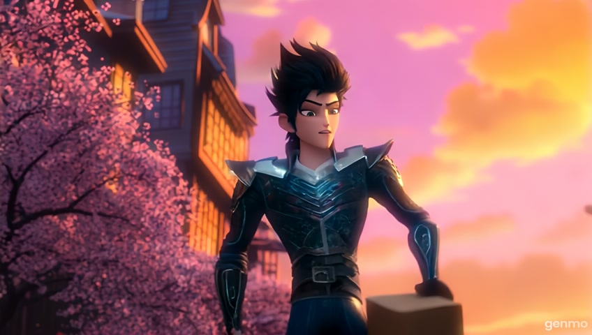 “In a vibrant anime cityscape at sunset, a heroic young man with spiky black hair and a glowing blue aura rushes to help a group of struggling people. He lifts fallen boxes, helps an elderly woman stand, and smiles warmly. Soft wind blows cherry blossom petals as emotional anime music plays in the background. The camera pans slowly with cinematic lighting and dramatic angles, emphasizing kindness and hope