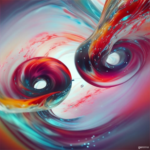 A slow-motion shot of ink droplets spreading in water, creating abstract patterns. The camera focuses on the fluid movement and merging colors.