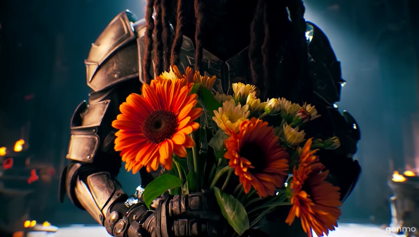A hyper-realistic scene with the Predator movie character, who comes closer to us and takes out a hidden bouquet of bright flowers from behind, as he walks, all the muscles on his body roll beautifully, and the dreadlocks on his head move dynamically in time with his steps, as he comes closer, a red light blinks in his eyes, as if he is winking. At the end of the scene, flower petals slowly fly out of the edges of the frame. The lighting is dramatic, and sometimes glare shines through and flickers in the background. Cinematic atmosphere, smooth and realistic animation, 4K quality. Loop