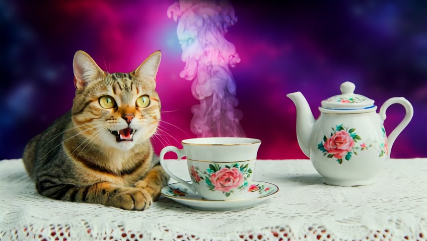 the whimsical charm of the grinning cat and small steam rises from a tea of floral pattern white teacup, which is on a table with a lace tablecloth, next to it on the table is a floral pattern white teapot,
its vibrant setting with the vast, tranquil expanse of the cosmos, blending surreal fantasy with realistic cosmic elements for a playful yet expansive scene