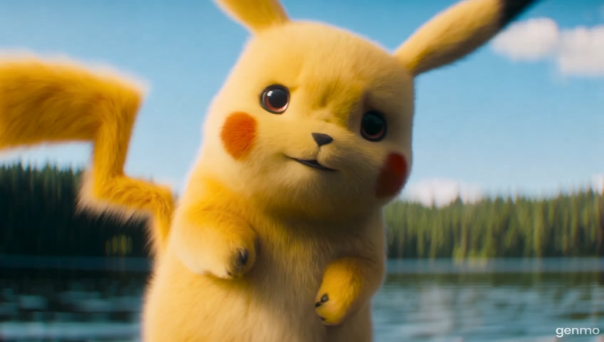 Pikachu standing on a dock beside a lake, facing the lake , playfully using long thunderbolt to zap the lake water, with a  size red lobster flipping out , then pikachu catch it and put into a wooden bucket on the dock, clear blue sky, sparkling water, comedic energy, realistic style, 9:16 vertical