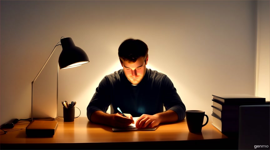 A tired young man working late at night in a dim office with coffee cups, glowing screen light, and dark surroundings