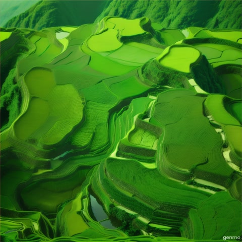 An aerial shot of a maze of rice terraces in vivid green hues. The camera moves over the contours, showcasing human harmony with nature.