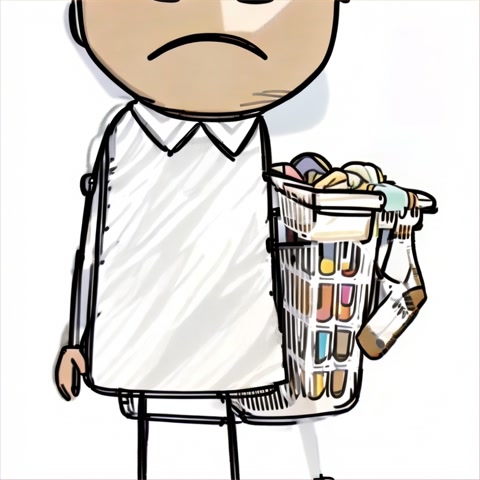 Sticky Figure stands in front of a laundry basket, holding one sock in their hand while looking confused.