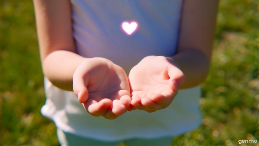 a small heart flies into the little girl's palms, which are joined together. Then another heart is added, and they merge together, making the heart in the girl's hands larger. Another heart then flies in and merges with the first heart, increasing its size. Atmoshpere is charming and calm