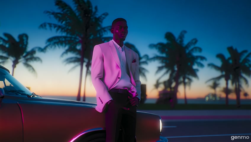 A cinematic Afrobeat music video animation of a confident young man in elegant clothes standing next to a vintage car, in a luxurious tropical setting. Palm trees sway gently, the background shows a stylish road by the beach with soft blue evening light, glowing city lights in the distance. Neon reflections shimmer on the car. Add smooth camera motion, parallax zoom, and soft wind effect on the trees and shirt. The ambiance is classy, chill and rich – Afrobeat summer vibe