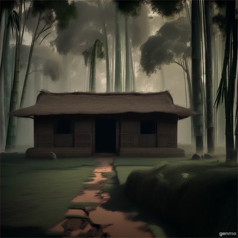 "Old abandoned mud house in a Bengali village, surrounded by tall bamboo trees, cracked walls, no lights, scary and mysterious atmosphere"