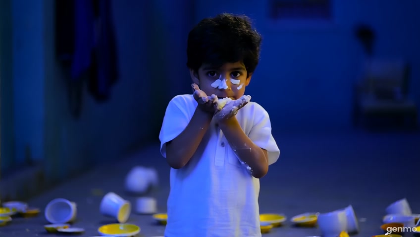 "Krishna, smiling broadly, breaks the earthen pot with a swift motion. The butter spills out and Krishna dips his hands into it, smearing it all over his face. His expression is one of pure joy as he tastes the creamy butter, completely oblivious to the consequences. The room is softly lit by the moonlight, and the pot pieces are scattered on the floor."