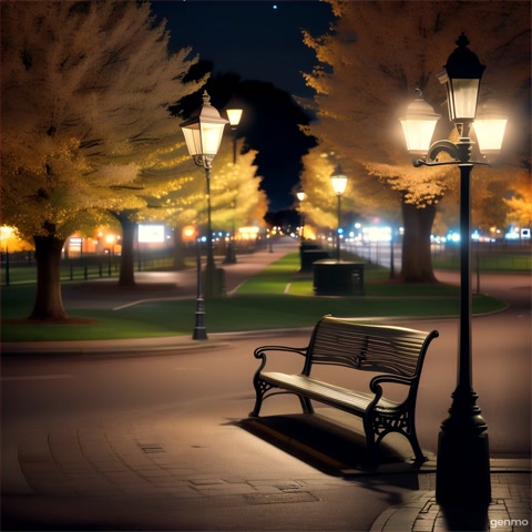 An arc shot circles a lone park bench under a streetlamp at night. The camera moves slowly, the warm light casting long shadows and creating a sense of isolation and tranquility.